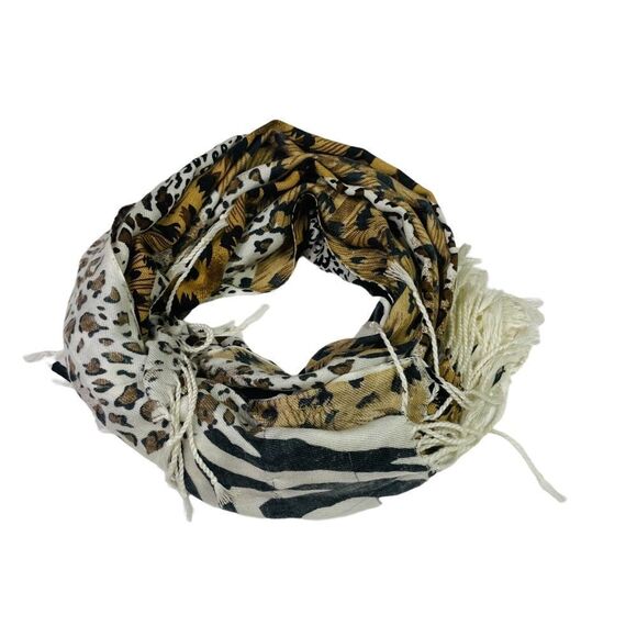 Pashmina White/Tan/Black Leopard Patchwork Fringe Scarf - Picture 3 of 11